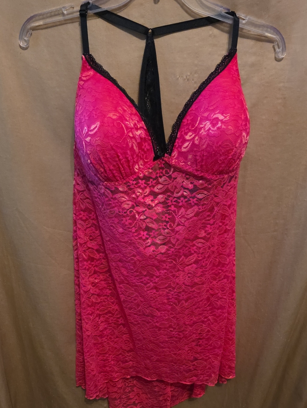 Womens' Hot Pink Lace Chemise with Black Trim XXL